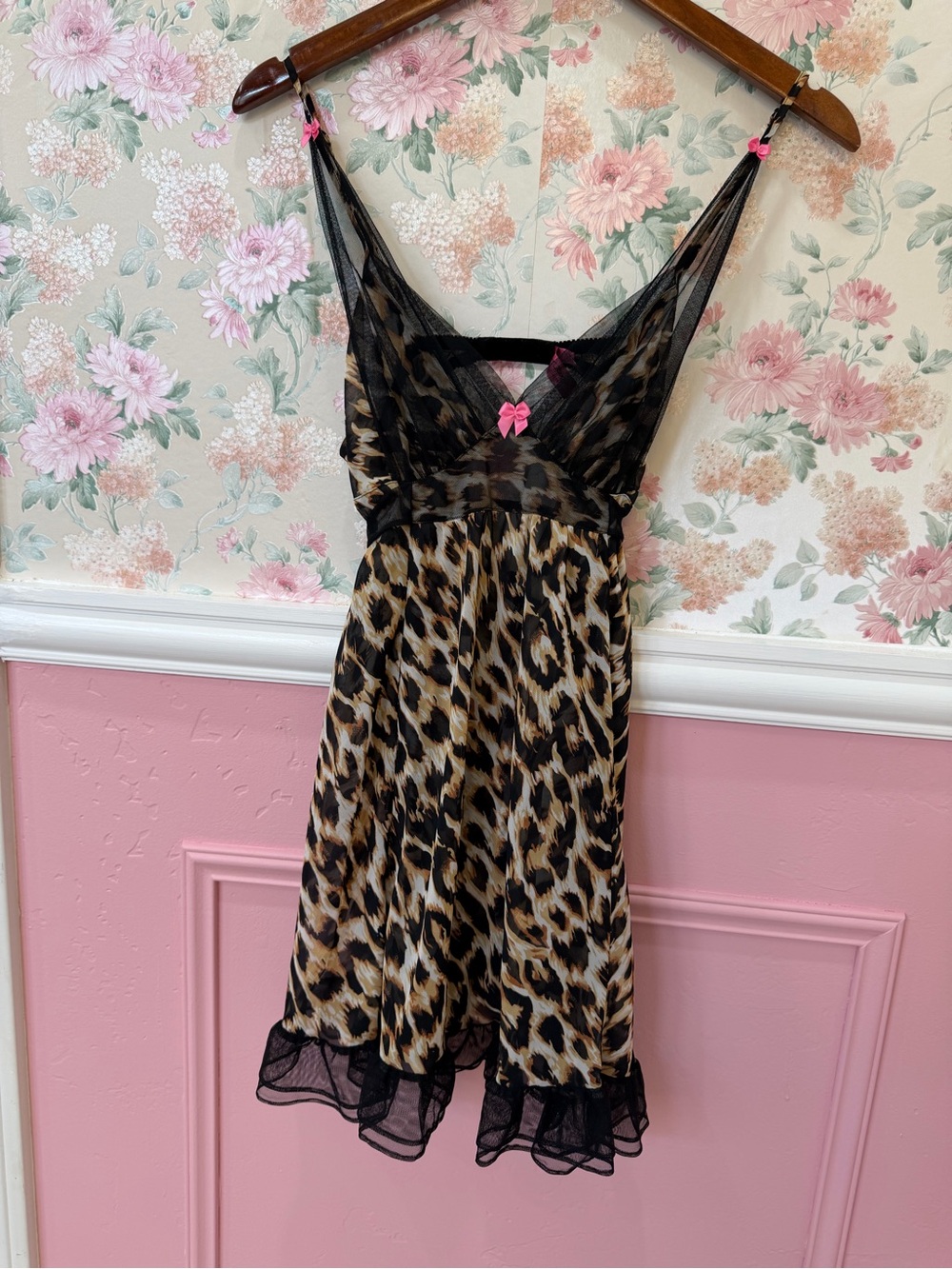 Betsey Johnson Leopard Print Chemise with Pink Bow Accents